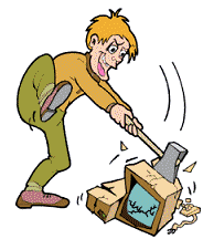 A man fixing his computer with a hammer